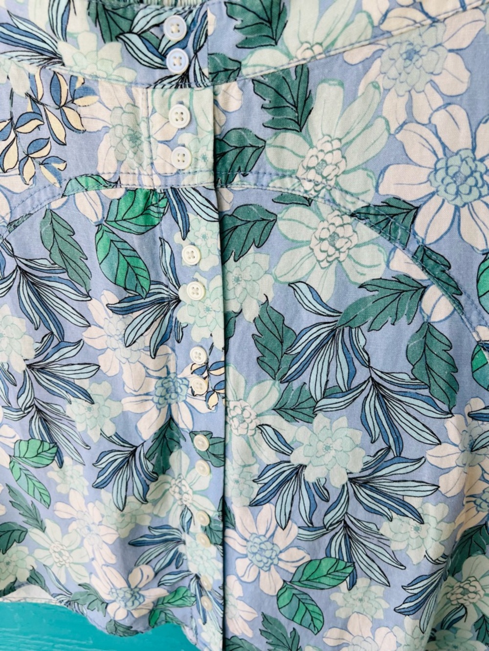 LOFT Linen Blend Floral Skirt Blue Green Pull-On Elastic Waist Size Large - Picture 4 of 8